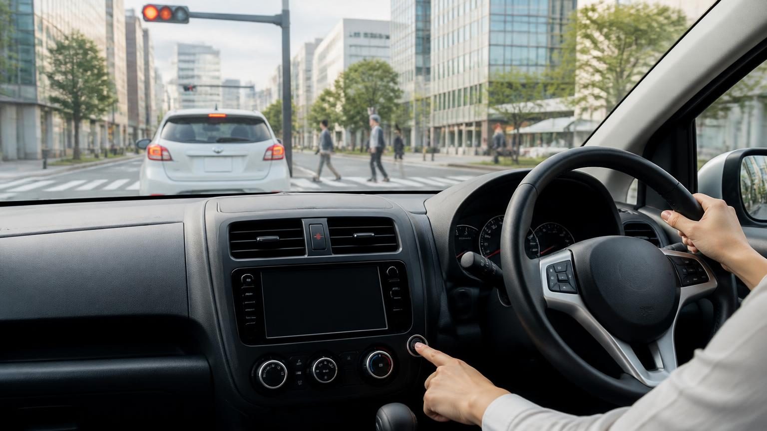 信号待ちで停止している乗用車の運転席とダッシュボード