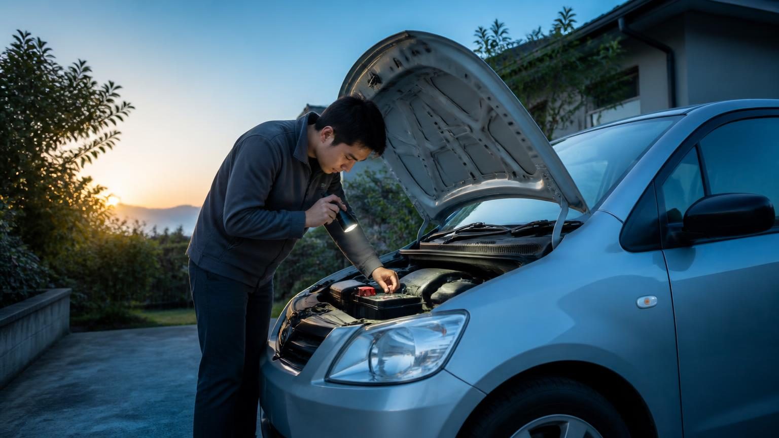 駐車場で車のバッテリーを点検している様子