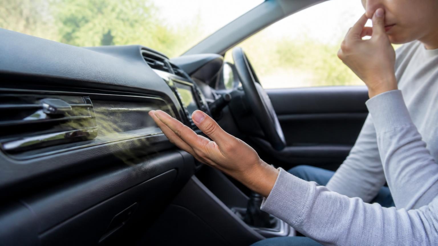 車内のエアコン吹き出し口を確認している様子