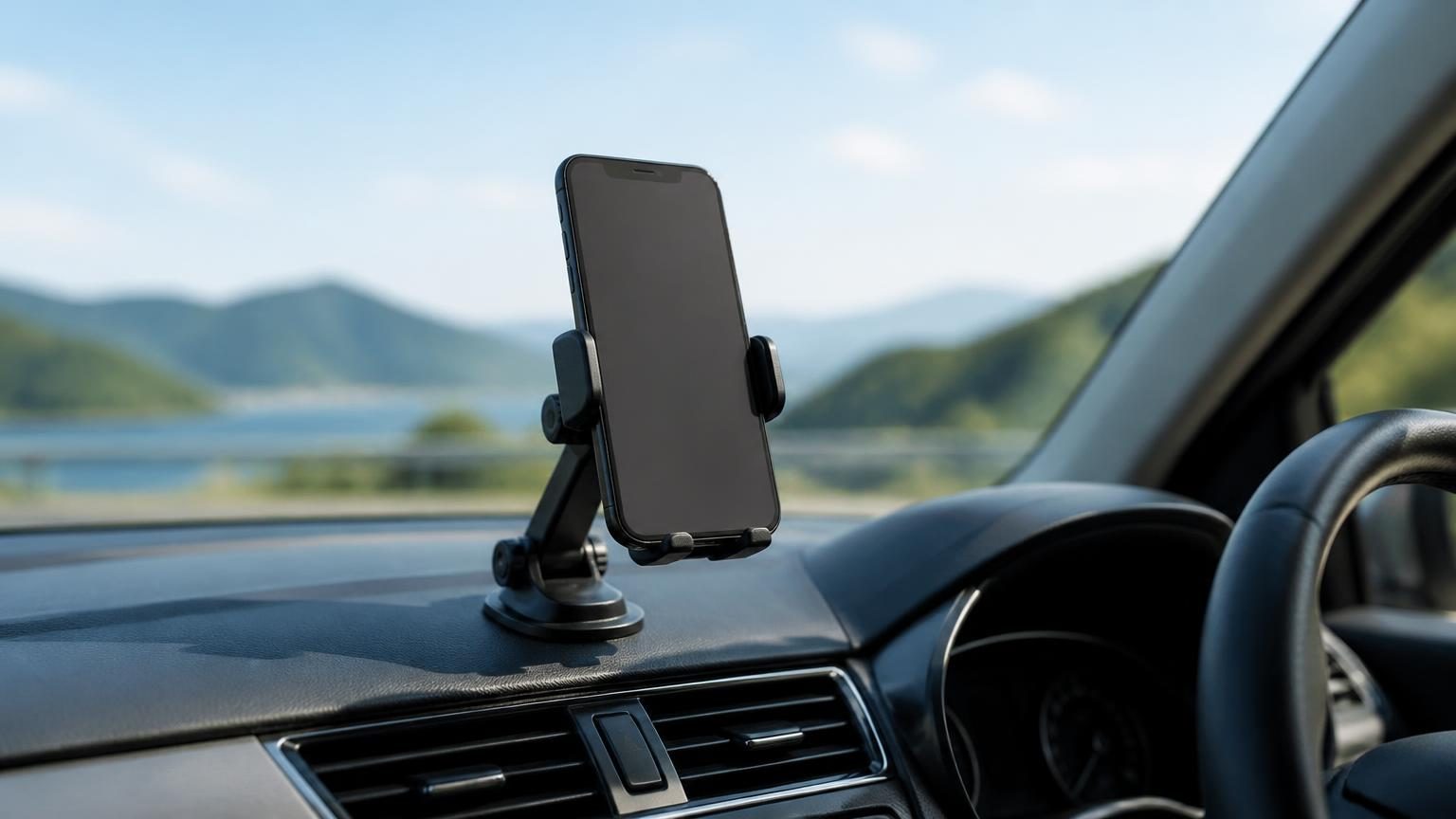 車内のダッシュボードに固定されたスマートフォンホルダー