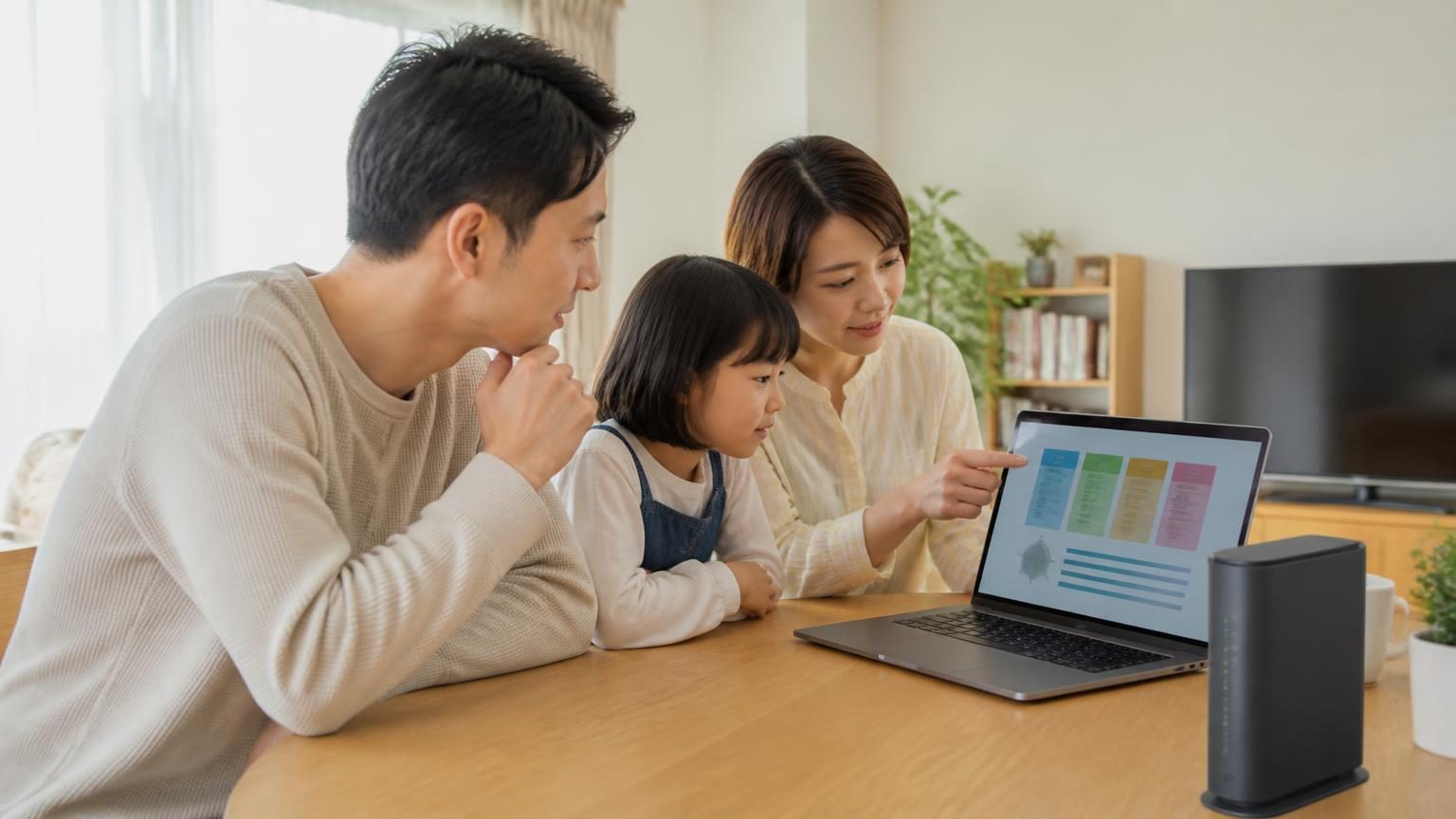 自宅でインターネット回線の条件を確認しながら比較する家族