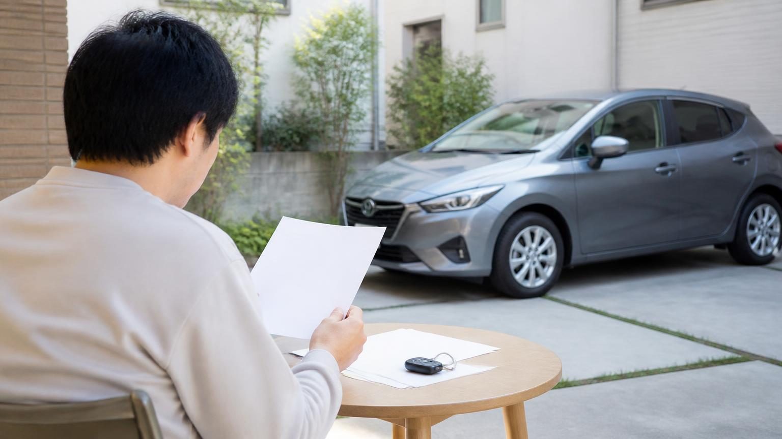 自宅で車の保険書類を確認し、自動車保険の見直しを考える様子