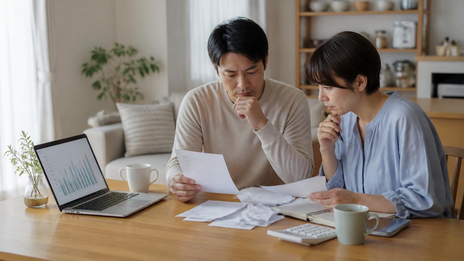家庭で電気料金の明細と使用量を確認し、見直しを検討している様子