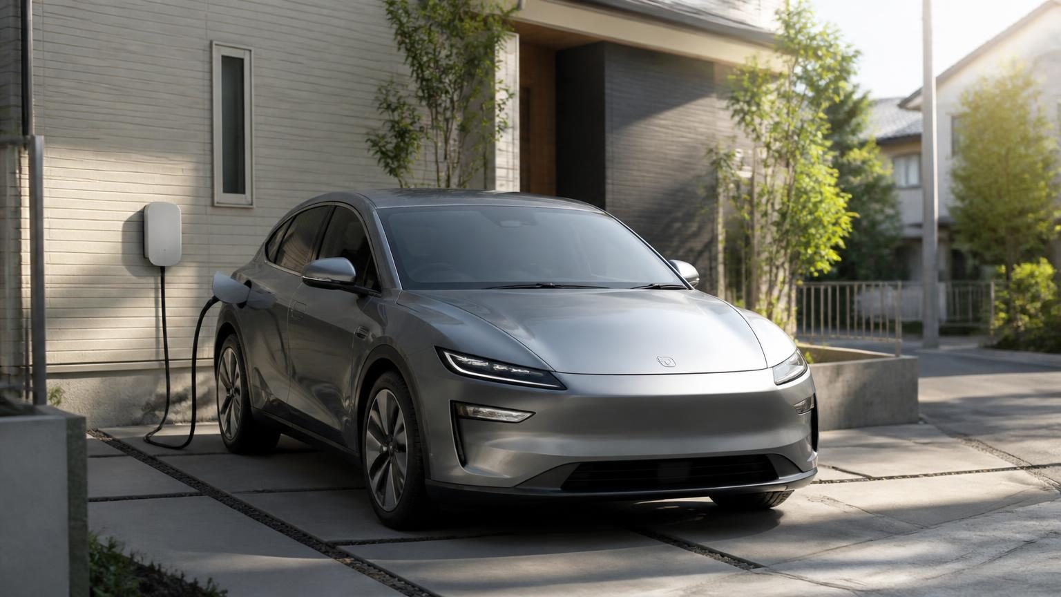 住宅の駐車スペースで充電する電気自動車と壁付け充電設備
