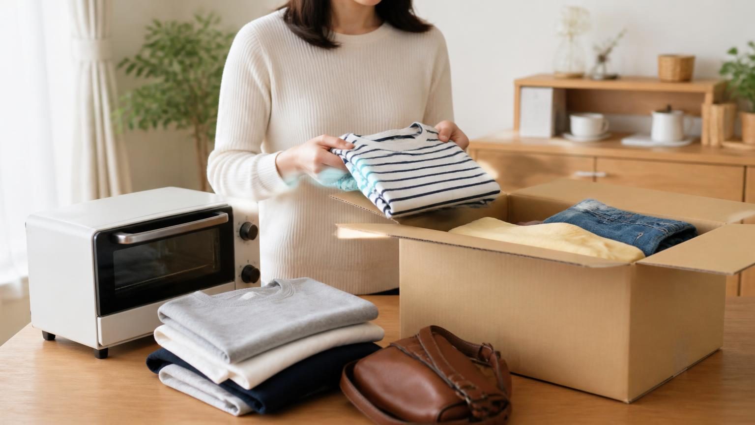 不用品を査定に出す前に品物を整理している様子