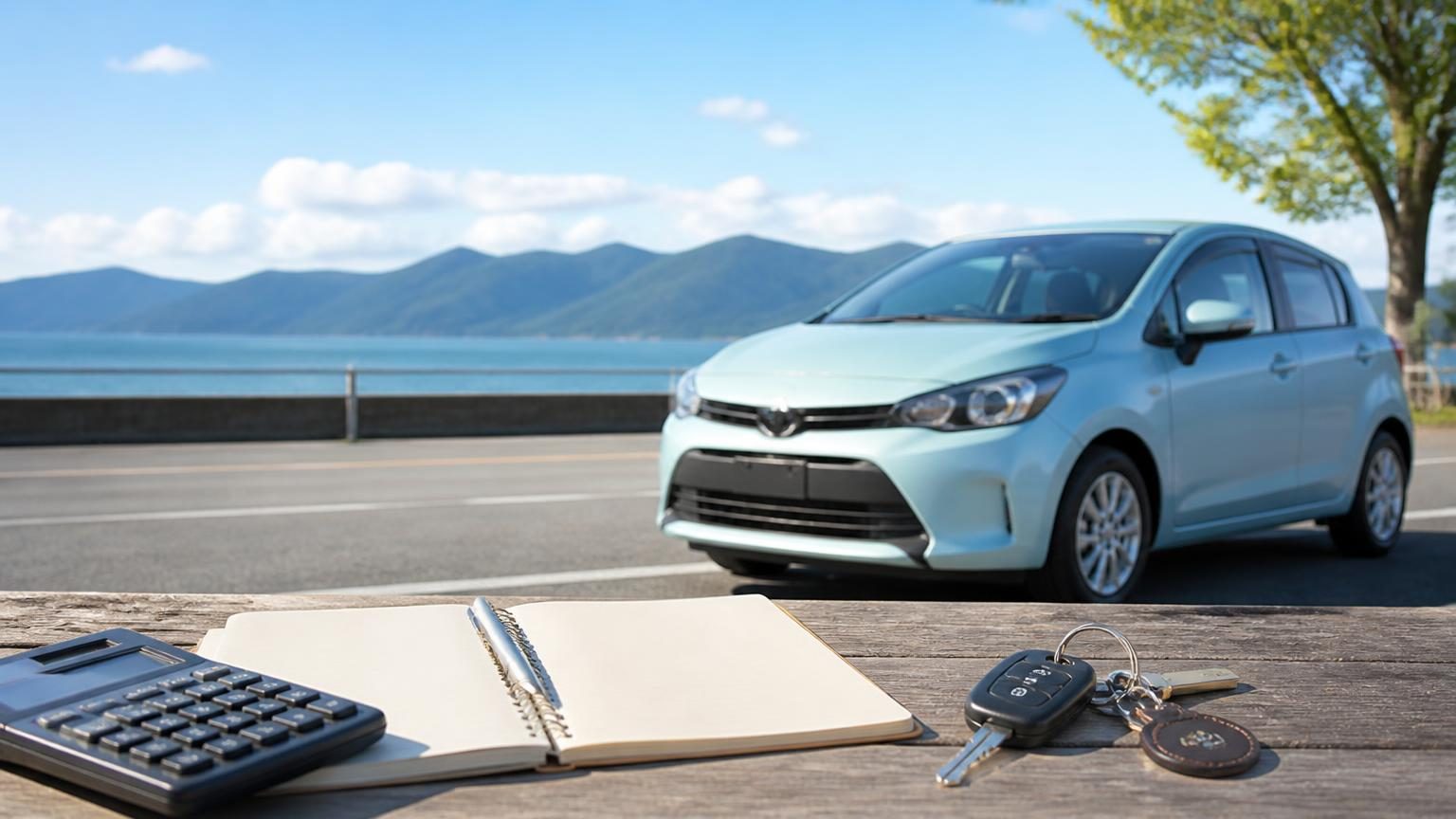 車の鍵と家計メモを前に、カーリースと購入を比較するイメージ