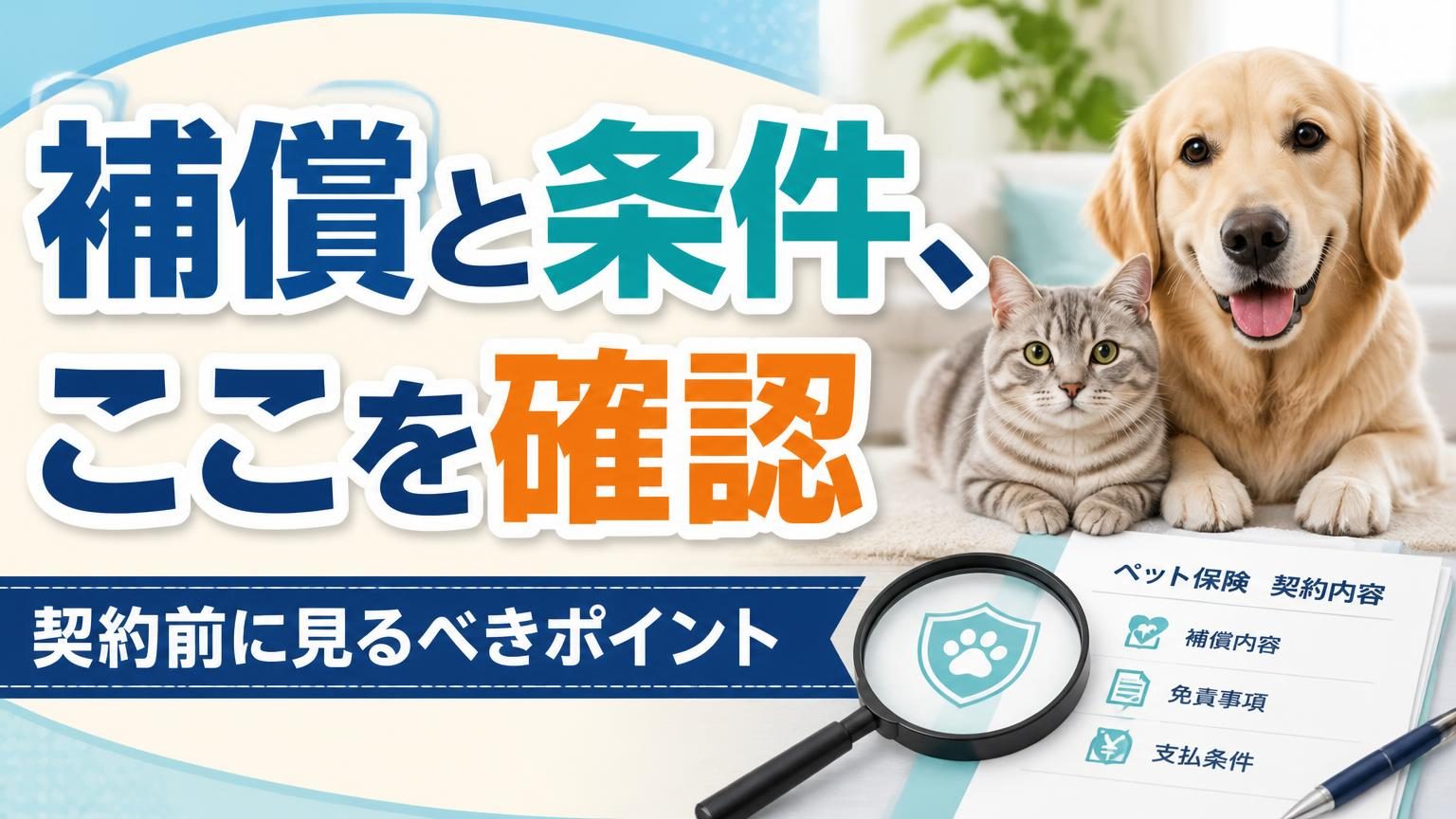 犬と猫のそばに保険書類と虫眼鏡を配置し、ペット保険の補償条件を確認するイメージ