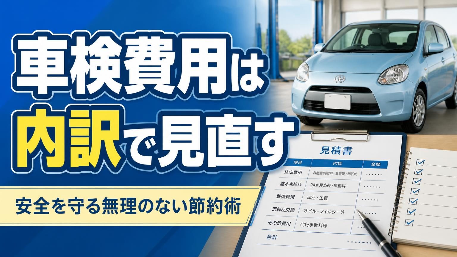 車検費用の見積もりを確認し、節約できる項目を整理するイメージ