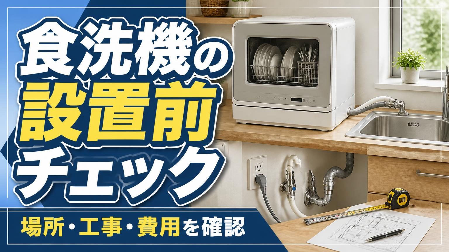 キッチンのシンク横に置かれた食洗機と、設置寸法を確認するメジャー