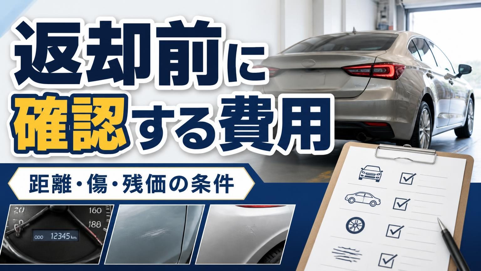 カーリース満了時の車両返却をイメージした車と点検チェックリスト