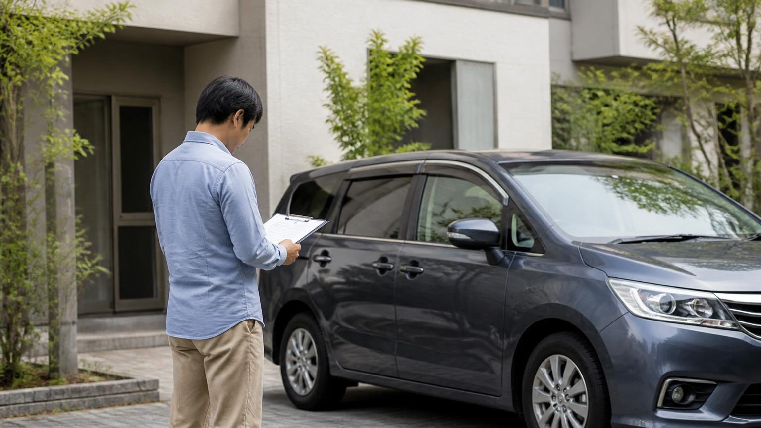 自宅の前で車の点検書類を確認し、買い替え時期を検討する様子