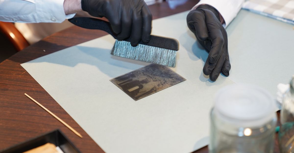 手袋を着用し、換気扇の部品を柔らかいブラシで掃除する様子
