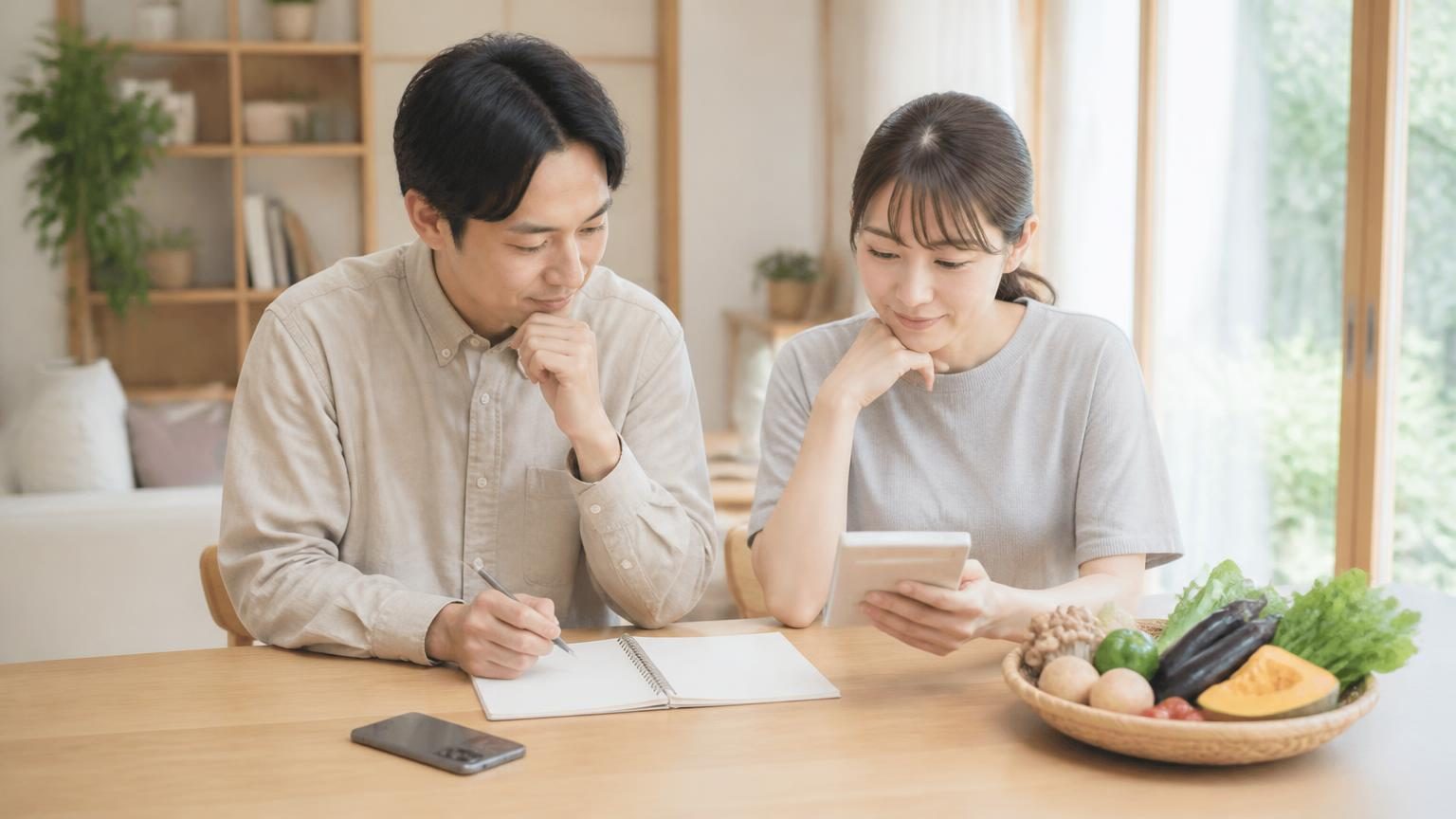 食卓で家計のメモを見ながら寄付の予算を確認する様子