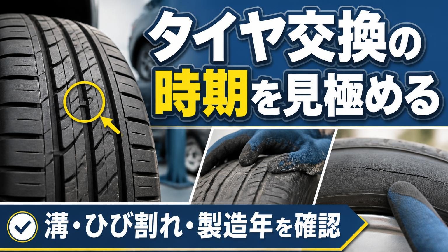 タイヤの溝やスリップサイン、ひび割れを点検するイメージ