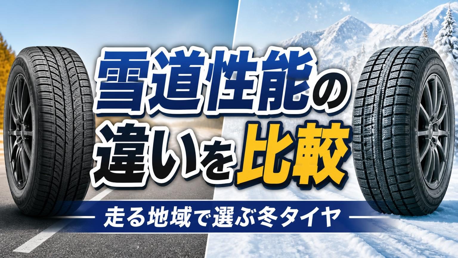 オールシーズンタイヤとスタッドレスタイヤの違いを雪道と乾燥路のイメージで比較したアイキャッチ