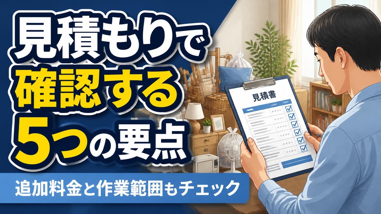 不用品回収の見積書を確認し、料金や作業範囲をチェックするイメージ